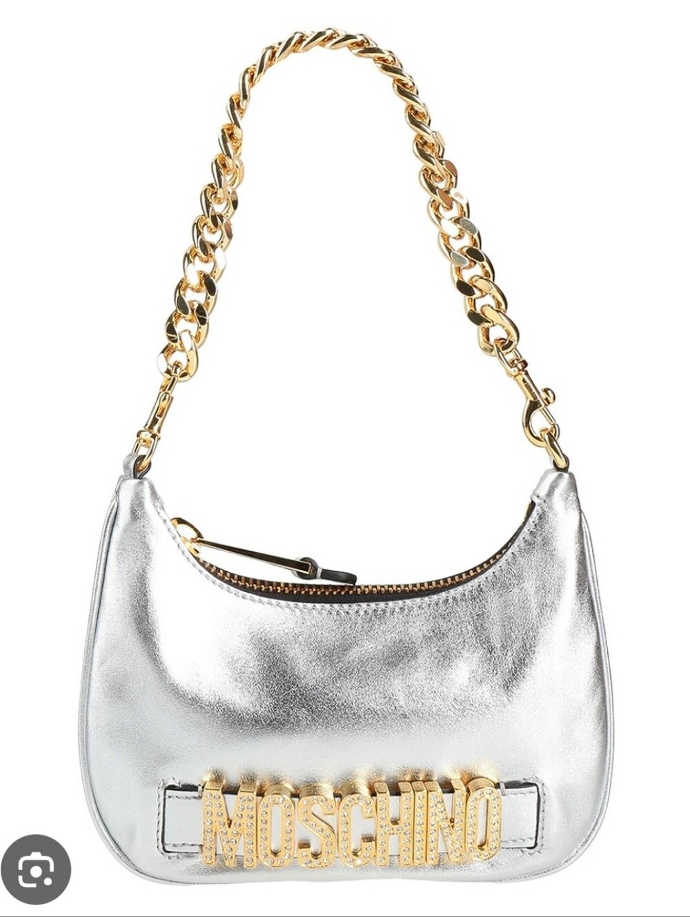 Moschino Silver Metallic Leather Shoulder Bag with Gold Chain Logo New With Tags